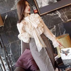 Tie-Neck Ruffled Blouse + Pencil Skirt